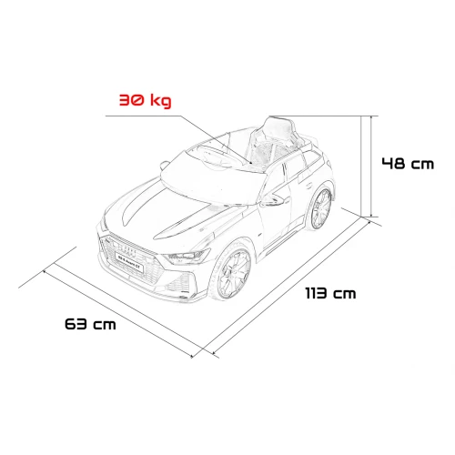 Rysunek techniczny z wymiarami 113 x 63 x 48 cm i maksymalnym obciążeniem 30 kg – szare Audi RS6 Avant GT, pojazd na akumulator dla dzieci.webp