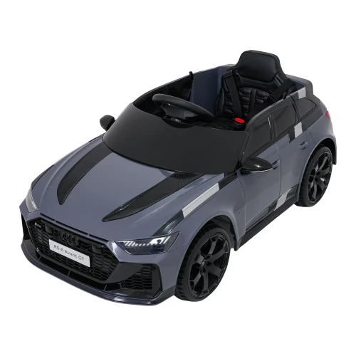 Przód i lewy bok z góry z reflektorami LED i czarnymi felgami – szare Audi RS6 Avant GT na akumulator dla dzieci.webp