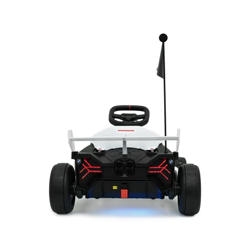 Widok z tyłu z czerwonymi lampami LED, spojlerem i poczwórnym wydechem – biały gokart BMW Drift na akumulator dla dzieci.webp