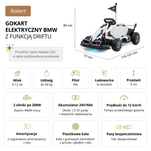 Wymiary i dane techniczne 2 silniki 200W, akumulator 24V9Ah, prędkość do 12 kmh – biały gokart elektryczny BMW z funkcją driftu na akumulator dla dzieci 6-12 lat.webp