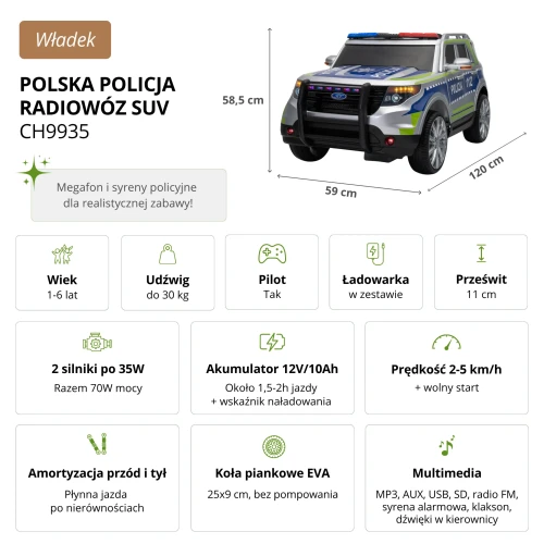 Wymiary i dane techniczne samochodu policyjnego na akumulator dla dzieci - Władek.webp