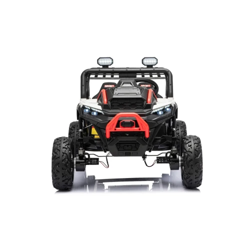 Pałąk z halogenami LED, czerwony zderzak rurowy i reflektory LED – widok z przodu białego Buggy Sport OUTLAND 4x4 na akumulator dla dzieci.webp