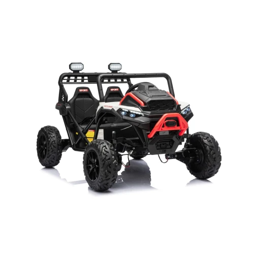 Czerwony orurowany zderzak, reflektory LED i fotele SPORT – ujęcie przodu i boku białego Buggy Sport OUTLAND 4x4 na akumulator dla dzieci.webp
