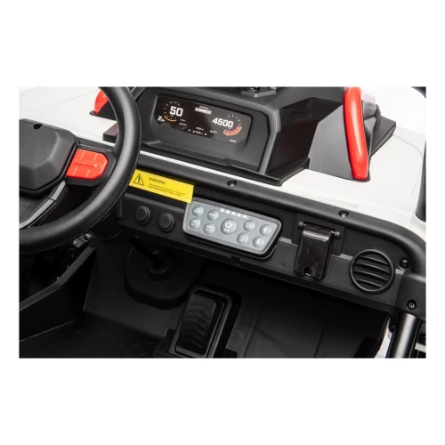 Naklejka z prędkościomierzem, panel audio MP3 i kierownica z przyciskami – deska rozdzielcza białego Buggy Sport OUTLAND 4x4 na akumulator dla dzieci.webp