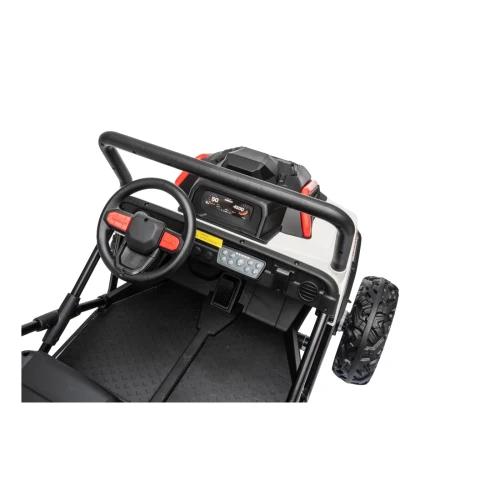 Widok z góry na kierownicę, ekran i panel sterowania z pałąkiem – kokpit białego Buggy Sport OUTLAND 4x4, pojazd na akumulator dla dzieci.webp