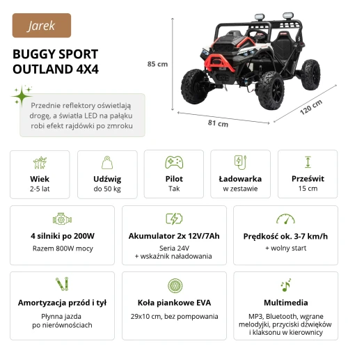 Infografika ze specyfikacją i wymiarami 120 x 81 x 85 cm – biały Buggy Sport OUTLAND 4x4 na akumulator dla dzieci z napędem 4x4, 4 silnikami 200W i kołami EVA.webp
