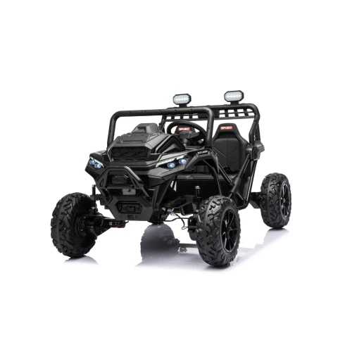 Widok z przodu i boku z dużymi kołami EVA i orurowaniem – czarny Buggy Sport Outland 4x4, pojazd elektryczny na akumulator dla dzieci.webp