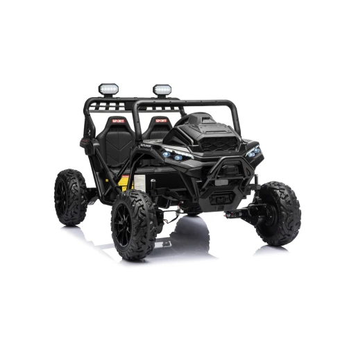 Ujęcie przodu i boku z halogenami LED oraz zderzakiem rurowym – czarny Buggy Sport Outland 4x4, samochód na akumulator dla dzieci.webp