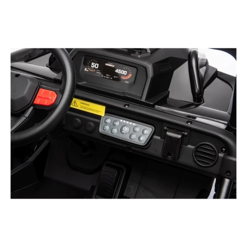 Panel audio z MP3 i przyciski na kierownicy – deska rozdzielcza czarnego Buggy Sport Outland 4x4 na akumulator dla dzieci.webp