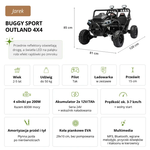 Infografika ze specyfikacją i wymiarami 120 x 81 x 85 cm – czarny Buggy Sport OUTLAND 4x4 na akumulator dla dzieci z napędem 4x4, 4 silnikami 200W i kołami EVA.webp