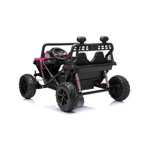 Widok z tyłu i boku z dwoma fotelami i światłami LED na dachu – różowy buggy Sport Outland 4x4, pojazd na akumulator dla dzieci.webp