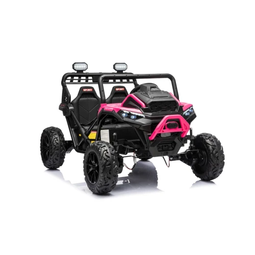 Ujęcie z przodu i prawego boku z dwuosobowym kokpitem i reflektorami LED – różowy buggy Sport Outland 4x4 na akumulator dla dzieci.webp