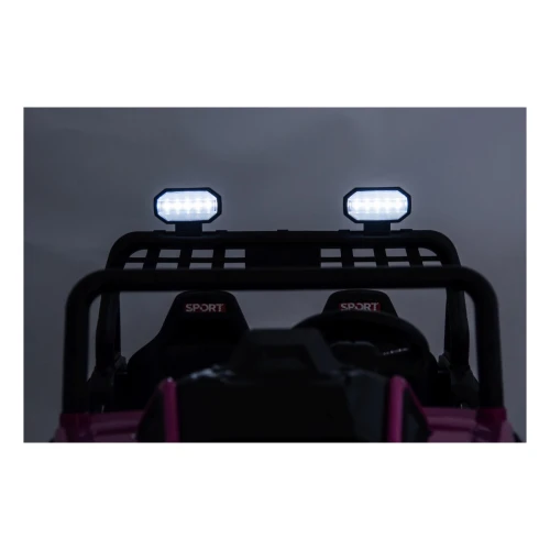 Dwie lampy LED na orurowaniu dachu świecące w ciemności – różowy buggy Sport Outland 4x4 na akumulator dla dzieci.webp