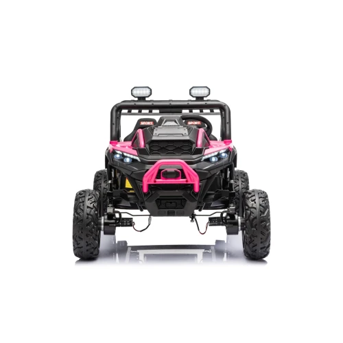 Widok z przodu z różowym zderzakiem, reflektorami LED i lampami dachowymi – różowy buggy Sport Outland 4x4, auto elektryczne na akumulator dla dzieci.webp
