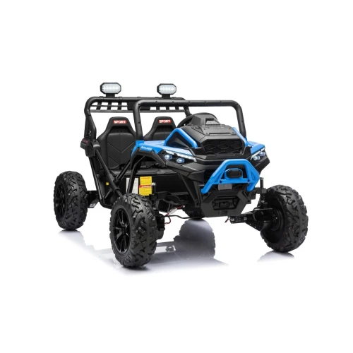 Ujęcie z przodu i prawego boku z dwuosobowym kokpitem i reflektorami LED – niebieski buggy Sport Outland 4x4 na akumulator dla dzieci.webp
