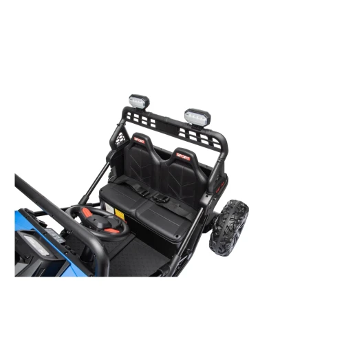 Dwa fotele SPORT z pasami bezpieczeństwa i światłami LED na dachu – widok z góry na wnętrze niebieskiego buggy Sport Outland 4x4 na akumulator dla dzieci.webp