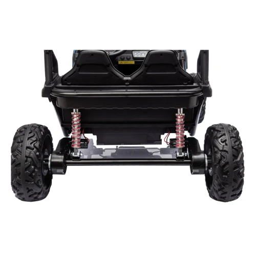 Tylna oś z dwoma amortyzatorami i silnikami w kołach – widok od tyłu niebieskiego buggy Sport Outland 4x4 na akumulator dla dzieci.webp