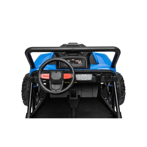 Kierownica z czerwonymi przyciskami, cyfrowy wyświetlacz i pedał gazu – kokpit niebieskiego buggy Sport Outland 4x4 na akumulator dla dzieci.webp