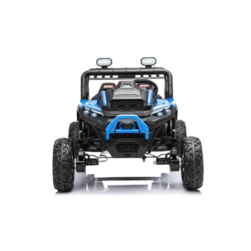 Widok z przodu z niebieskim zderzakiem, reflektorami LED i lampami dachowymi – niebieski buggy Sport Outland 4x4, auto elektryczne na akumulator dla dzieci.webp