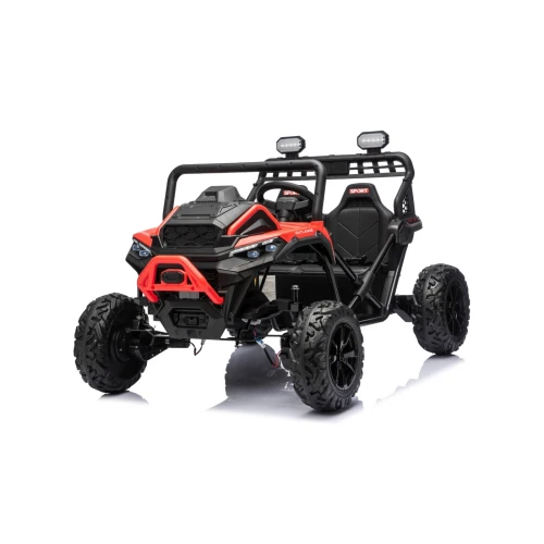 Widok z przodu i boku z reflektorami LED i czerwonym zderzakiem – czerwony buggy Sport Outland 4x4, auto elektryczne na akumulator dla dzieci.webp