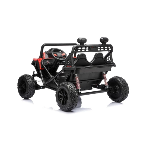 Widok z tyłu i boku z dwoma fotelami i światłami LED na dachu – czerwony buggy Sport Outland 4x4, pojazd na akumulator dla dzieci.webp