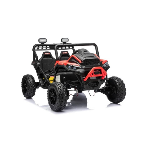 Ujęcie z przodu i prawego boku z dwuosobowym kokpitem i reflektorami LED – czerwony buggy Sport Outland 4x4 na akumulator dla dzieci.webp