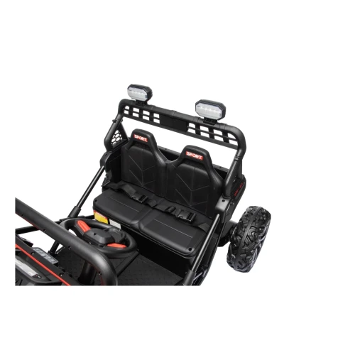Dwa fotele SPORT z pasami bezpieczeństwa i światłami LED na dachu – widok z góry na wnętrze czerwonego buggy Sport Outland 4x4 na akumulator dla dzieci.webp
