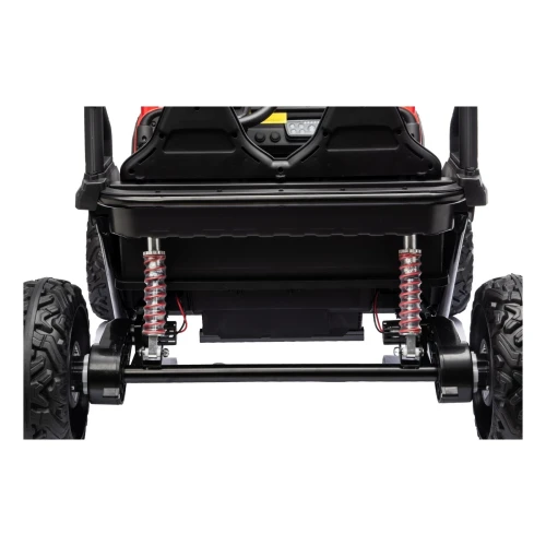 Tylna oś z dwoma amortyzatorami i silnikami w kołach – widok od tyłu czerwonego buggy Sport Outland 4x4 na akumulator dla dzieci.webp