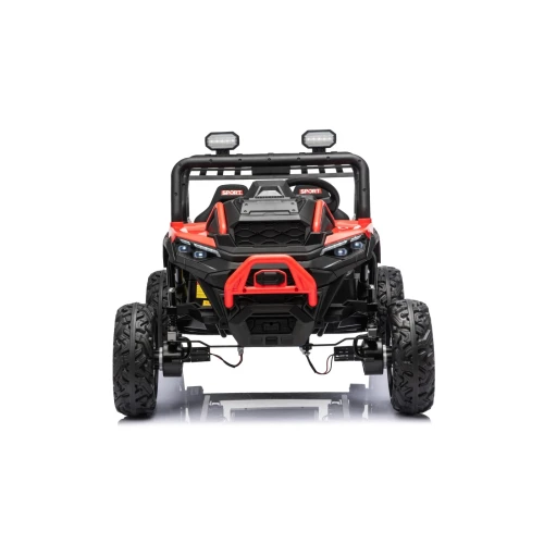 Widok z przodu z czerwonym zderzakiem, reflektorami LED i lampami dachowymi – czerwony buggy Sport Outland 4x4, auto elektryczne na akumulator dla dzieci.webp
