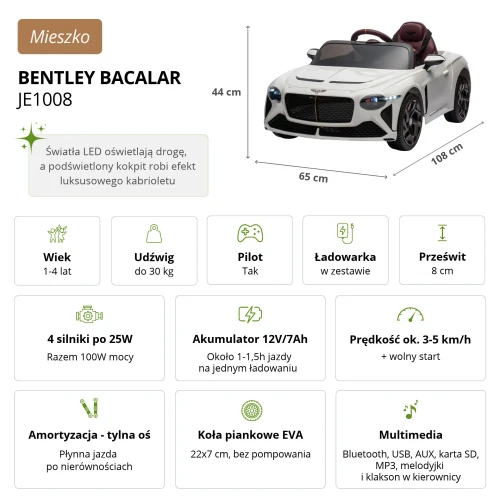 Infografika ze specyfikacją białego Bentley Bacalar JE1008 – wymiary 108x65x44 cm, 4 silniki po 25W, akumulator 12V7Ah, pilot, koła EVA i multimedia w aucie na akumulator dla dzieci.webp