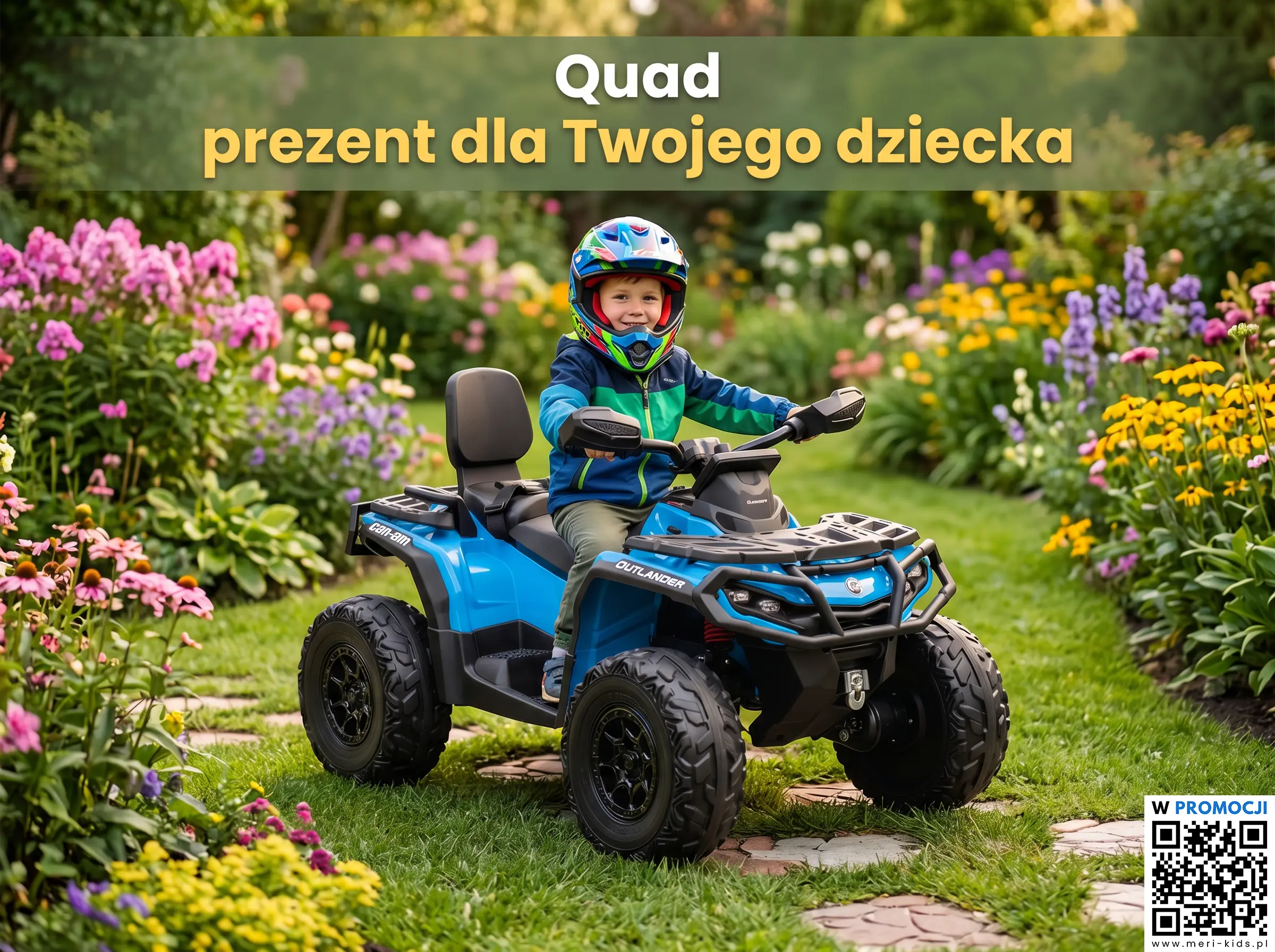 Quad na akumulator dla dziecka jako prezent - chłopiec na niebieskim quadzie elektrycznym