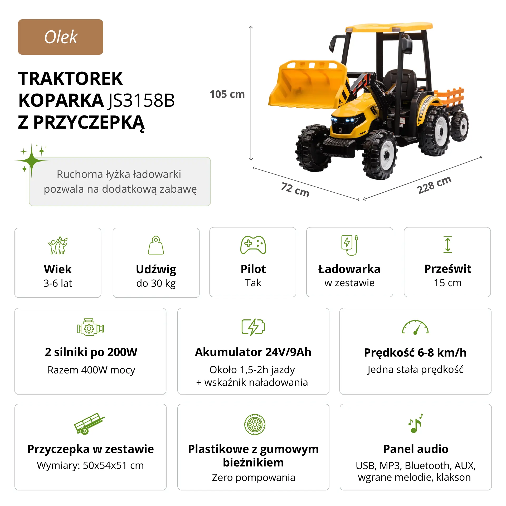 Traktor koparka OLEK żółty - charakterystyka pojazdu dla dzieci