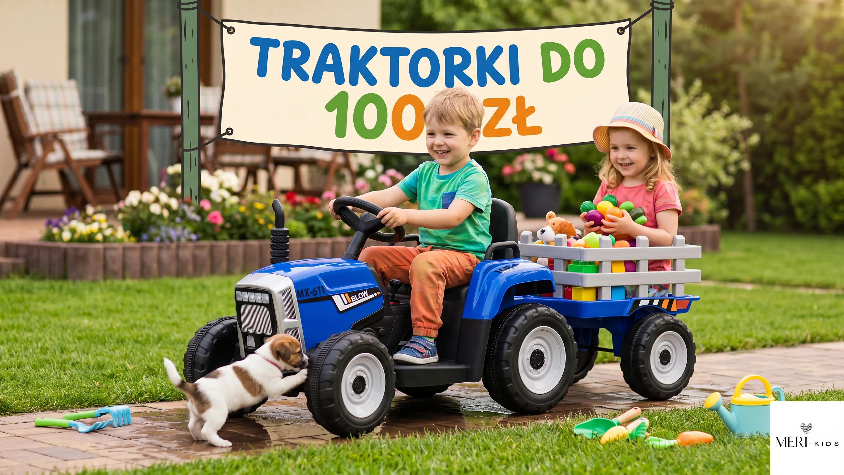 Traktor elektryczny dla dziecka do 1000 zł - niebieski traktorek BLOW XMX-611 i dzieci z psem